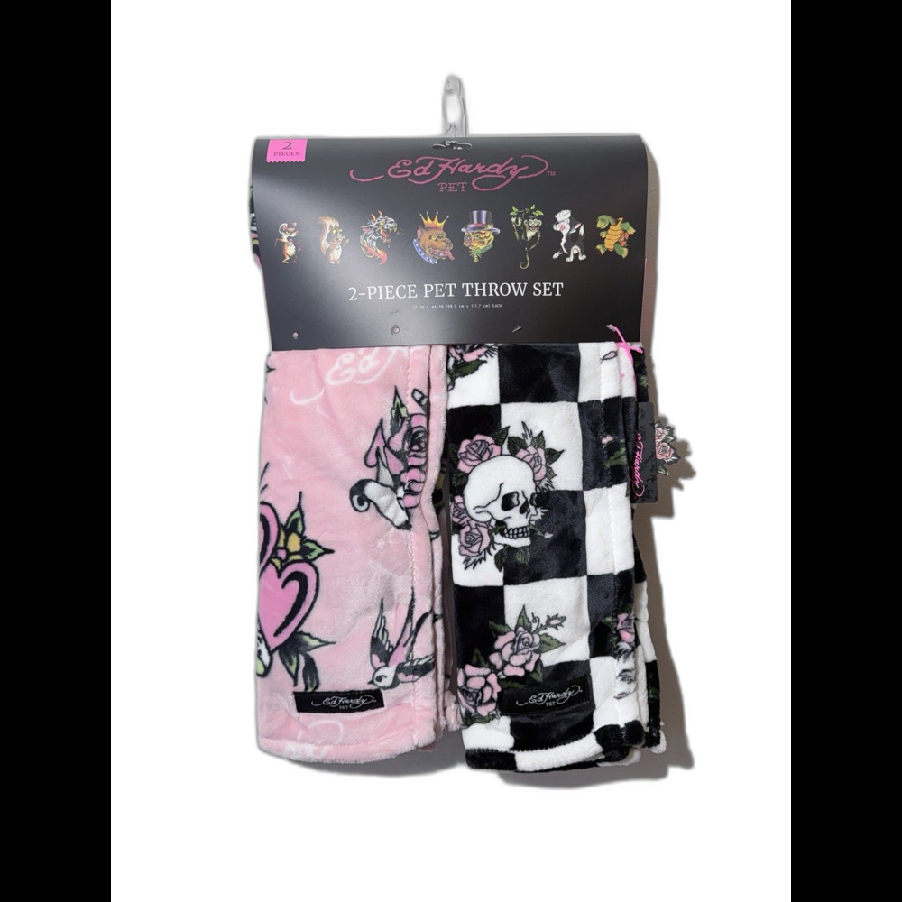 Ed Hardy 2pc Pet Throw Set Pink & Black White Checkered 27in x44in  Each NWT